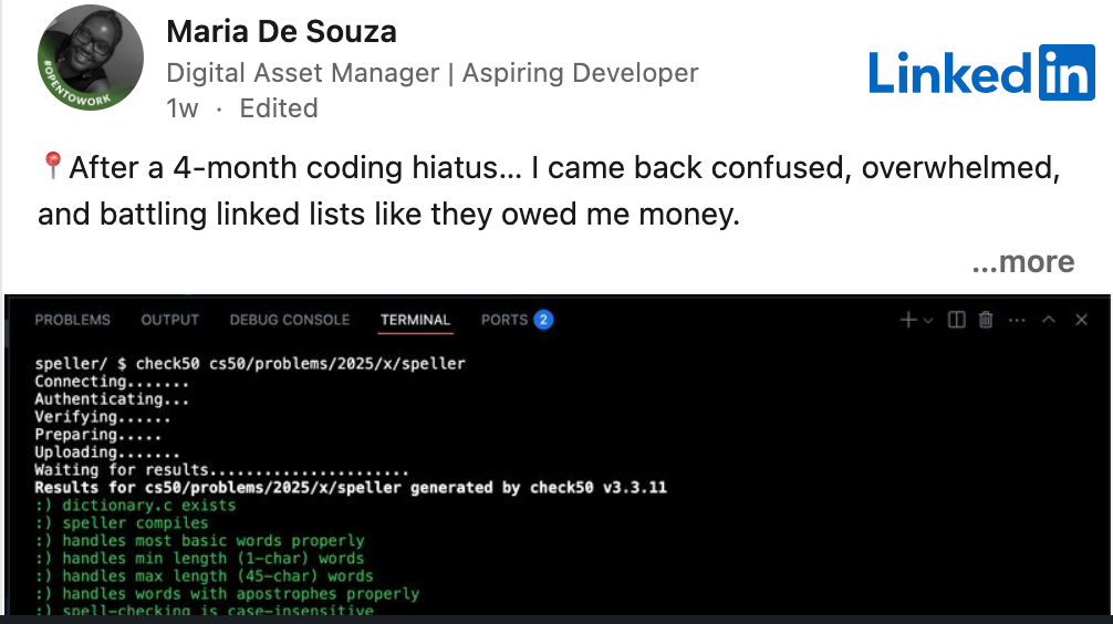 LinkedIn post about CS50x