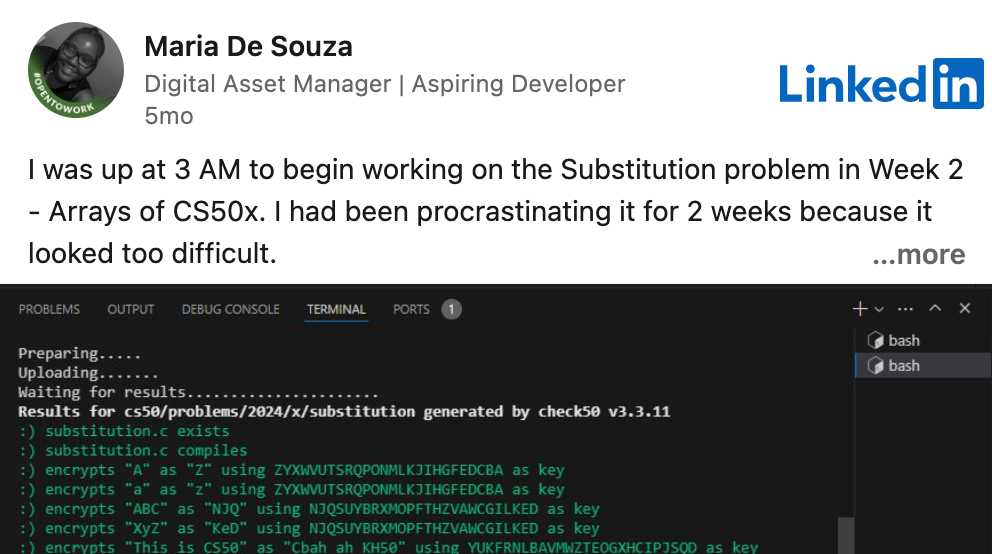 LinkedIn post about CS50 problem Runoff